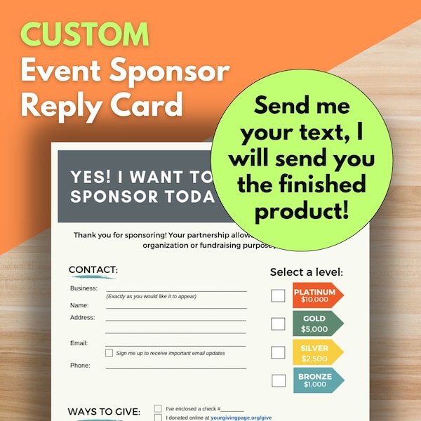 CUSTOM EVENT SPONSOR Reply Card - Customized, Corporate Sponsor, Event Reply Card, Fundraising Event, Business Sponsor, Gala, Auction