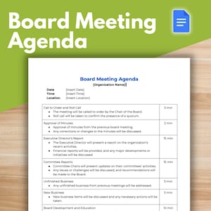 BOARD MEETING AGENDA Template - Board of Directors, Nonprofit Template, Google Docs, Agenda, Board Agenda