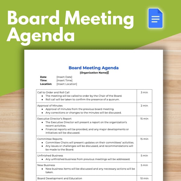 BOARD MEETING AGENDA Template - Board of Directors, Nonprofit Template, Google Docs, Agenda, Board Agenda