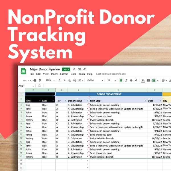 NONPROFIT SPENDER TRACKING Vorlage - Non-Profit Google Sheets Vorlage, Spendermanagementsystem, Großspenderpipeline, Donor Stewardship Plan