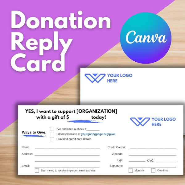 DONATION REPLY CARD - Editable Canva Template, Nonprofit Reply Card, Donation Card, Campaign Appeal, Fundraising Card, Reply Envelope