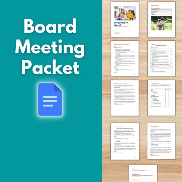 BOARD MEETING PACKET Template - Board of Directors, Nonprofit Template, Board Agenda, Meeting Minutes, Financial Statement, Google Docs