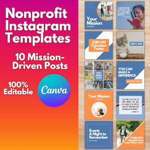 Może przedstawiać: Zbiór 10 kolorowych szablonów postów na Instagramie dla organizacji non-profit. Szablony zawierają zdjęcia dzieci, zwierząt i tekst zachęcający do wolontariatu, darowizn i tworzenia różnicy. Tekst na szablonach zawiera takie zwroty jak "Twoja misja", "Dołącz do nas! Zostań wolontariuszem już dziś", "Potrzebują Ciebie", "Możesz zmienić świat", "Zrób darowiznę teraz" i "Twój dar: Potrzebny teraz bardziej niż kiedykolwiek!"