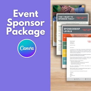 Paquete de patrocinio de eventos: consiga patrocinadores corporativos y comerciales para su evento, gala, PTA o recaudación de fondos de juegos deportivos con plantillas de Canva.
