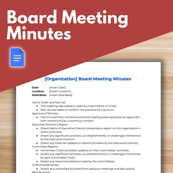 BOARD MEETING MINUTES Template - Board of Directors, Nonprofit Template, Google Docs, Board Minutes, Board Agenda