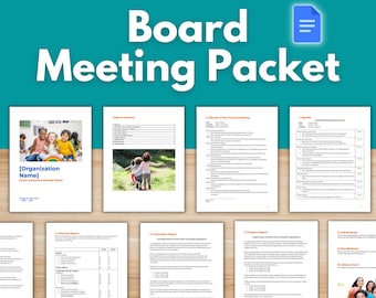 May include: A board meeting packet with a table of contents, minutes of the previous meeting, agenda, treasurer's report, committee report, program report, old business, new business, and adjournments. The cover page features a colorful illustration of children.