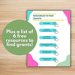 May include: A teal and pink graphic with the text "RESOURCES TO FIND GRANTS" in black. The graphic lists six free resources to find grants, including Grant Gopher, Grants.gov (US Federal Grants), Funds4NCOS (free newsletter), Philanthropy News Digest, Grant Station Insider (free newsletter), and Grant Station Insider International.