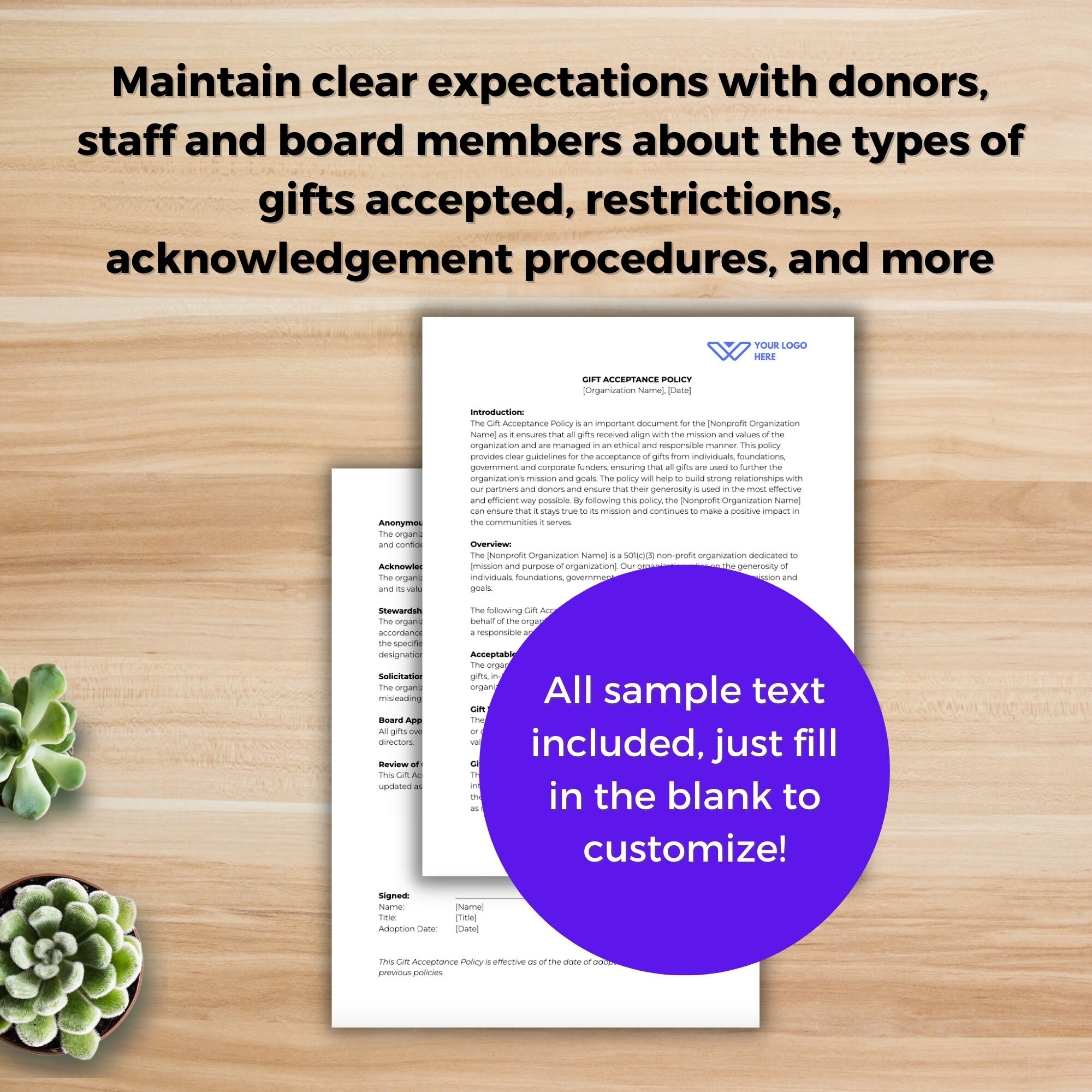 GIFT ACCEPTANCE POLICY Template Nonprofit Template Donor GIFT ACCEPTANCE POLICY Template Nonprofit Template Donor