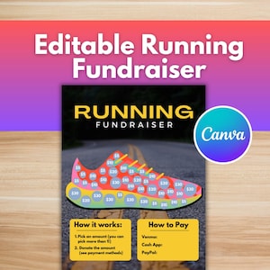 May include: A colorful flyer for a running fundraiser. The design features a running shoe graphic filled with donation amounts. The text "Editable Running Fundraiser" is at the top, with instructions and payment methods at the bottom.