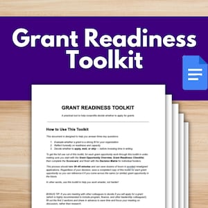 May include: The image features a document titled "Grant Readiness Toolkit" with a purple background and white text. A stack of white papers is visible, with the title and instructions for use. A blue document icon is in the upper right corner.