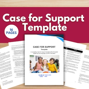 May include: A 16-page case for support template with a blue and white design. The cover features a photo of three children smiling and a logo with the text "Your Logo Here".