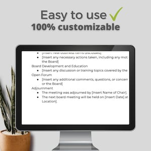 May include: A computer screen displaying a checklist for a board meeting. The checklist includes sections for new business items, board development and education, open forum, and adjournment.