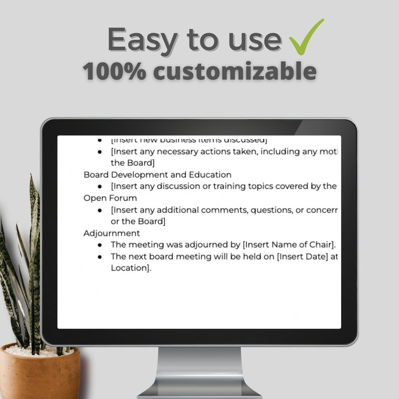 May include: A computer screen displaying a checklist for a board meeting. The checklist includes sections for new business items, board development and education, open forum, and adjournment.