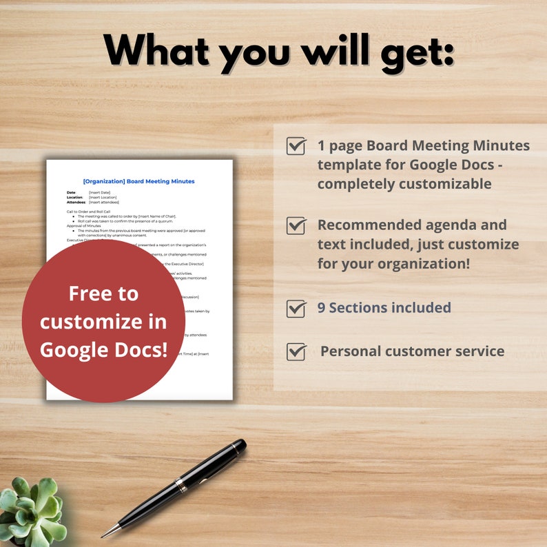 May include: A digital image of a Google Docs template for board meeting minutes. The template is customizable and includes a recommended agenda and text. The image also includes the text "Free to customize in Google Docs!"