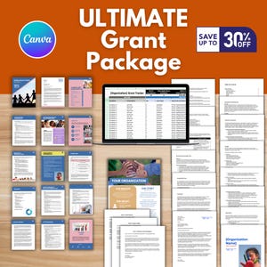 May include: A computer screen displaying a grant tracker spreadsheet with a title that reads "[Organization] Grant Tracker". The screen is surrounded by various documents and papers, including a document titled "Your Organization" with sections for "Our Mission", "Our Story", and "Our Impact". The documents are on a wooden surface. The text "ULTIMATE Grant Package" is displayed in large letters at the top of the image. The text "SAVE UP TO 30% OFF" is displayed in the upper right corner of the image.
