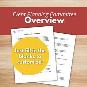 Op de afbeelding: Een gele cirkel met de tekst "Just fill in the blanks to customize!" op een witte achtergrond. De tekst "Event Planning Committee Overview" is zichtbaar bovenaan de pagina. De tekst "Purpose" en "The Event Plan" zijn zichtbaar aan de linkerkant van de pagina.
