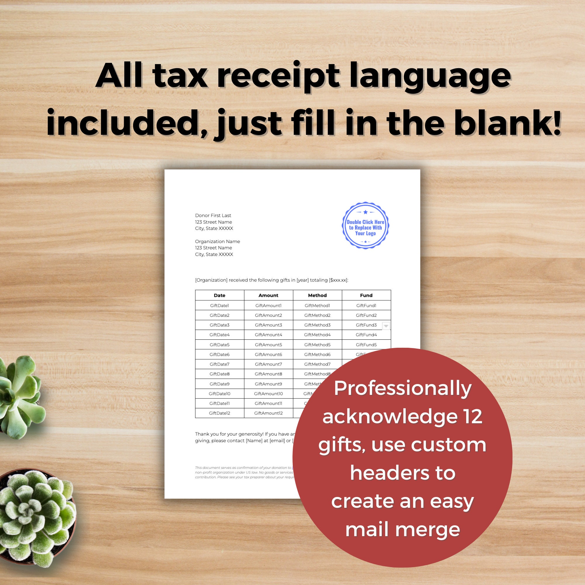 YEAR END RECEIPT Template - Nonprofit Template, Donor Acknowledgement ...