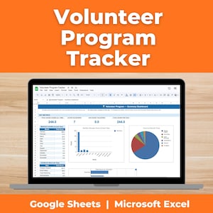 以下が含まれることがあります： ラップトップは「Volunteer Program Tracker」スプレッドシートを表示しています。画面には、棒グラフや円グラフなどのデータ視覚化が表示され、下部には「Google Sheets | Microsoft Excel」というテキストが表示されています。配色は青、白、オレンジです。