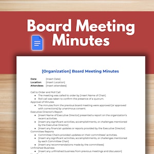 BOARD MEETING MINUTES Template - Board of Directors, Nonprofit Template, Google Docs, Board Minutes, Board Agenda