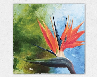 Original Ölgemälde Paradiesvogel. bunte Blume