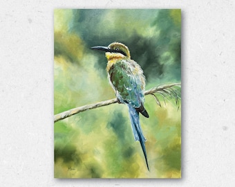 Original oil painting of a bird on a branch