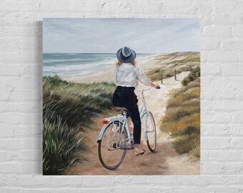 自転車に乗った少女の油絵：印象派アート（23.6インチ×31.4インチ