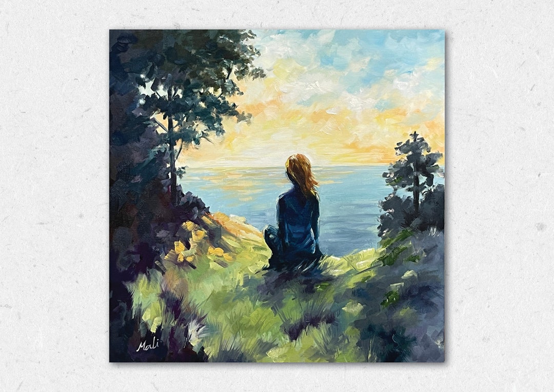 Original Oil Painting of a Girl Sitting in Nature and Looking at the ...