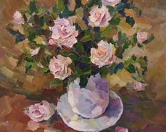 Textured Wall Art Romantic Floral Oil Painting Roses Bouquet Still Life Original Artwork  (25x18inches)