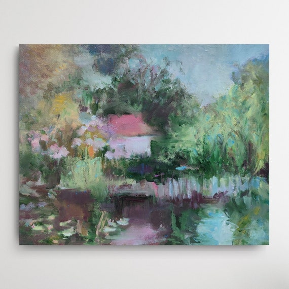 Oil Painting Original Garden Pond Old Barn Painting. Farmhouse Original Art Village Painting Green Grey Pink Rustic Oil Painting 10x8 inch.