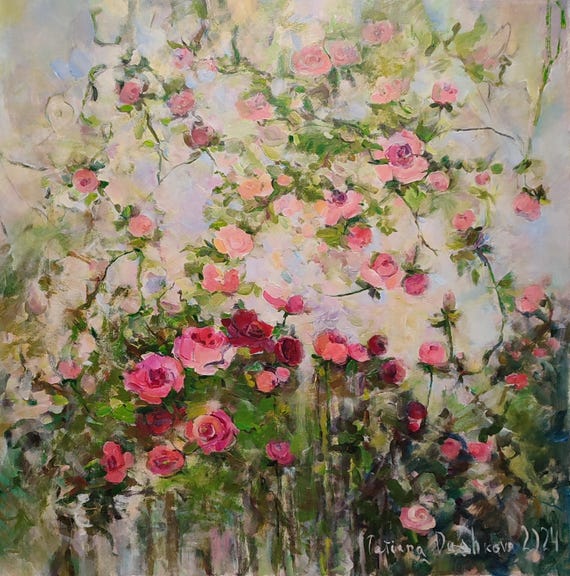 Oversized Canvas Art, Original Painting Large, Original Acrylic Artwork, Abstract Flower Painting Pink Beige Rose Painting Square 36x36 inch