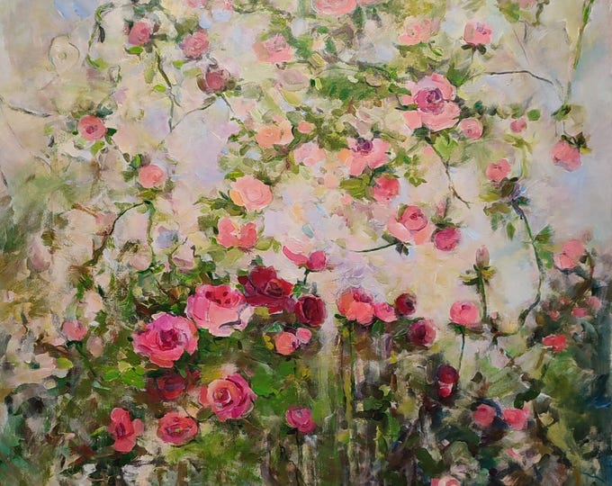 Oversized Canvas Art, Original Painting Large, Acrylic Artwork, Abstract Flower Painting Pink Beige Rose Painting Square 36x36 inch