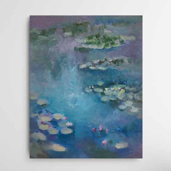 Water Lily Floral Oil Painting on Canvas, Original Painting, Floral Oil Painting, Wildflower Painting, Monet Style Painting Lilies Pond