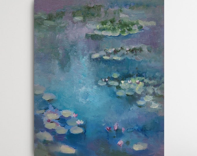 DDP to US, Lily Oil Painting Original Art Work, Water Lilies Flowering Blue Pond Painting Monet Style 10x8 inches