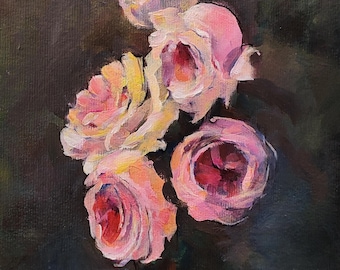 Original Acrylic Rose Painting Dark Floral Bouquet Still Life,  (8x11 inch)