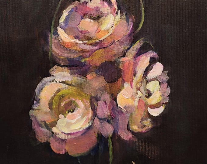 Original Flowers Painting, Dark Floral Bouquet Artwork 8x11 inch,