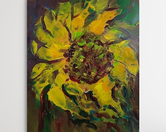 Sunflower Painting Original Wildflower Art Hand Painted Artwork Dark Green Yellow 6x8 inch