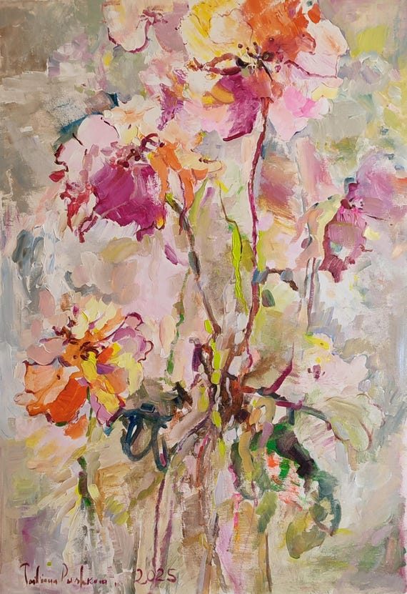 Large Abstract Original Art. Bouquet Painting Oversized Canvas Art Floral Original Acrylic Abstract Paintings Pink Grey 43x30 inch