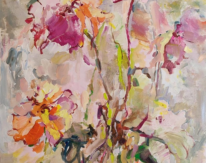 Large Original Abstract Art, Floral Painting Oversized Canvas Art for Fashion Interior 43x30 inch.