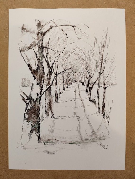 Original Drawing, Original Charcoal Pencil Sketch. Pine Tree Drawing Winter Scene Art, Ink Drawing Tree. Modern Line Drawing, Small Presents