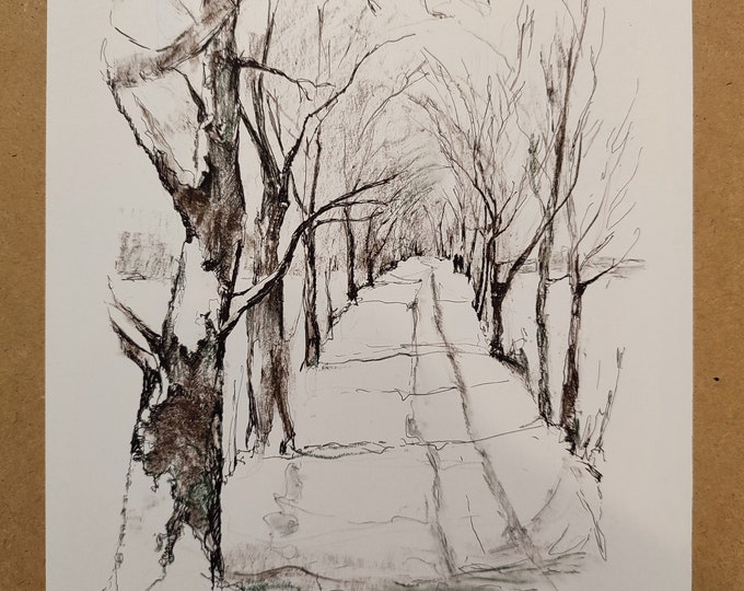 Original Charcoal Pine Tree Drawing: Winter Scene Ink Sketch (22x30cm)