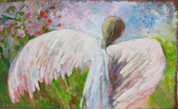 Oversized Wall Art, Angel Painting. Original Expensive Paintings, Angel Wings Painting. Large Oversized Canvas Art 50x34 inch.