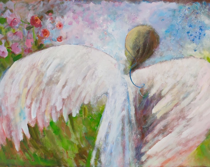 Oversized Angel Wings Painting: Abstract Acrylic Canvas Art (50x34 inch)