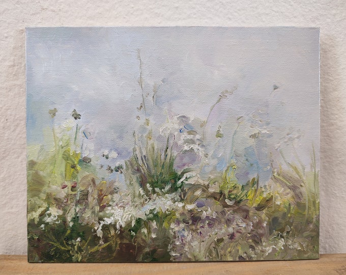Oil Painting Original, Farm House Decor. Flowers Meadow Painting. Village Painting Original Artwork. Simple Flower Painting Wildflower.