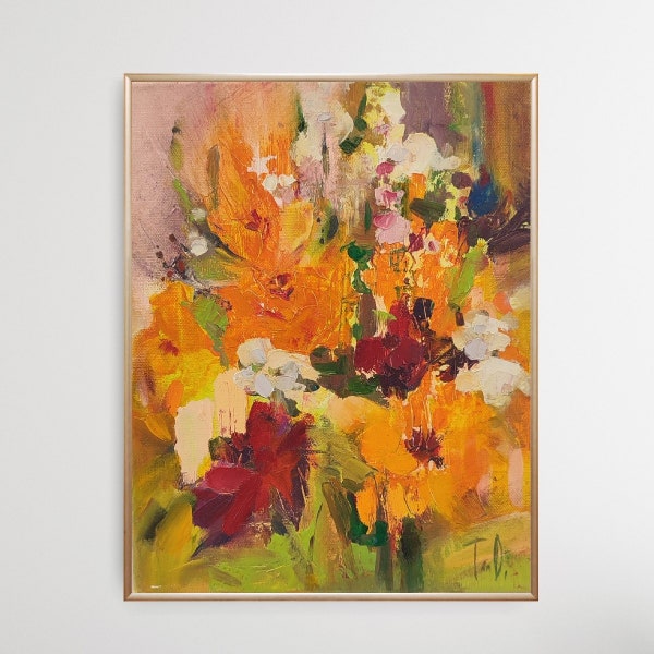 Herbstliche Dekoration, modernes Stillleben. Orange Lilien Wildblumen Gemälde, Abstraktes Blumen Stillleben Original 24×30cm.