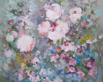 Rose Oil Painting Original Neutral Abstract Art, Shabby Chic Decor, Romantic Gift 12×12 inches