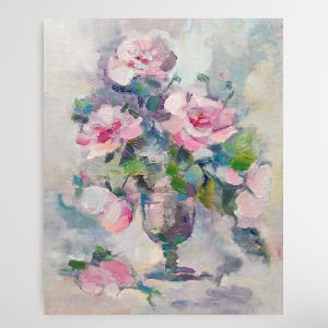 May include: A painting of a bouquet of pink roses in a clear glass vase. The roses are arranged in a loose, natural style, and the vase is set on a table with a white tablecloth. The background is a soft, muted blue.