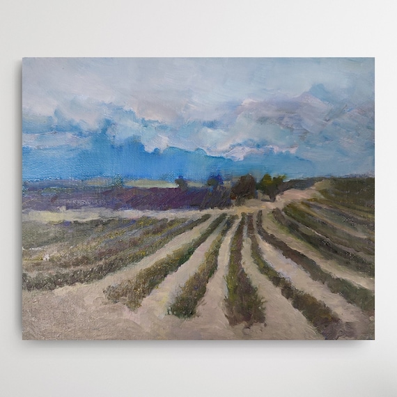 Oil Painting Original Farmhouse Wall Decor Lavender Field Painting. French Oil Painting Lavender Meadow Painting. Dark Green Beige 8x10inch.