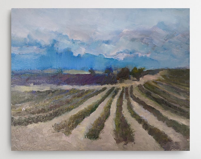 Oil Painting Original Farmhouse Wall Decor Lavender Field Painting. French Oil Painting Lavender Meadow Painting. Dark Green Beige 8x10inch.
