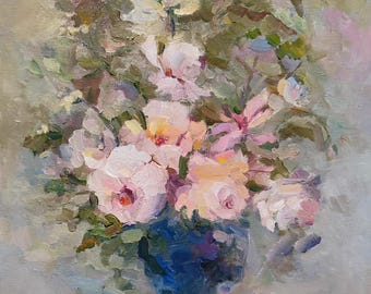 Flower Bouquet Painting: Original Artwork Oil on Canvas Roses Bouquet, Floral Still Life