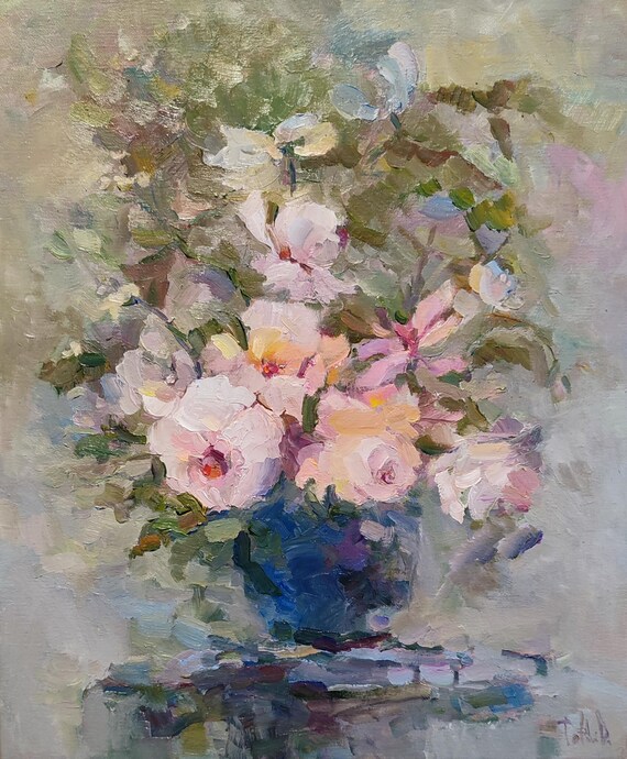 Roses Oil Painting on Canvas, Original Floral Oil Painting, Impressionist Painting, Floral Still Life, Bouquet Painting, Impressionistic Art